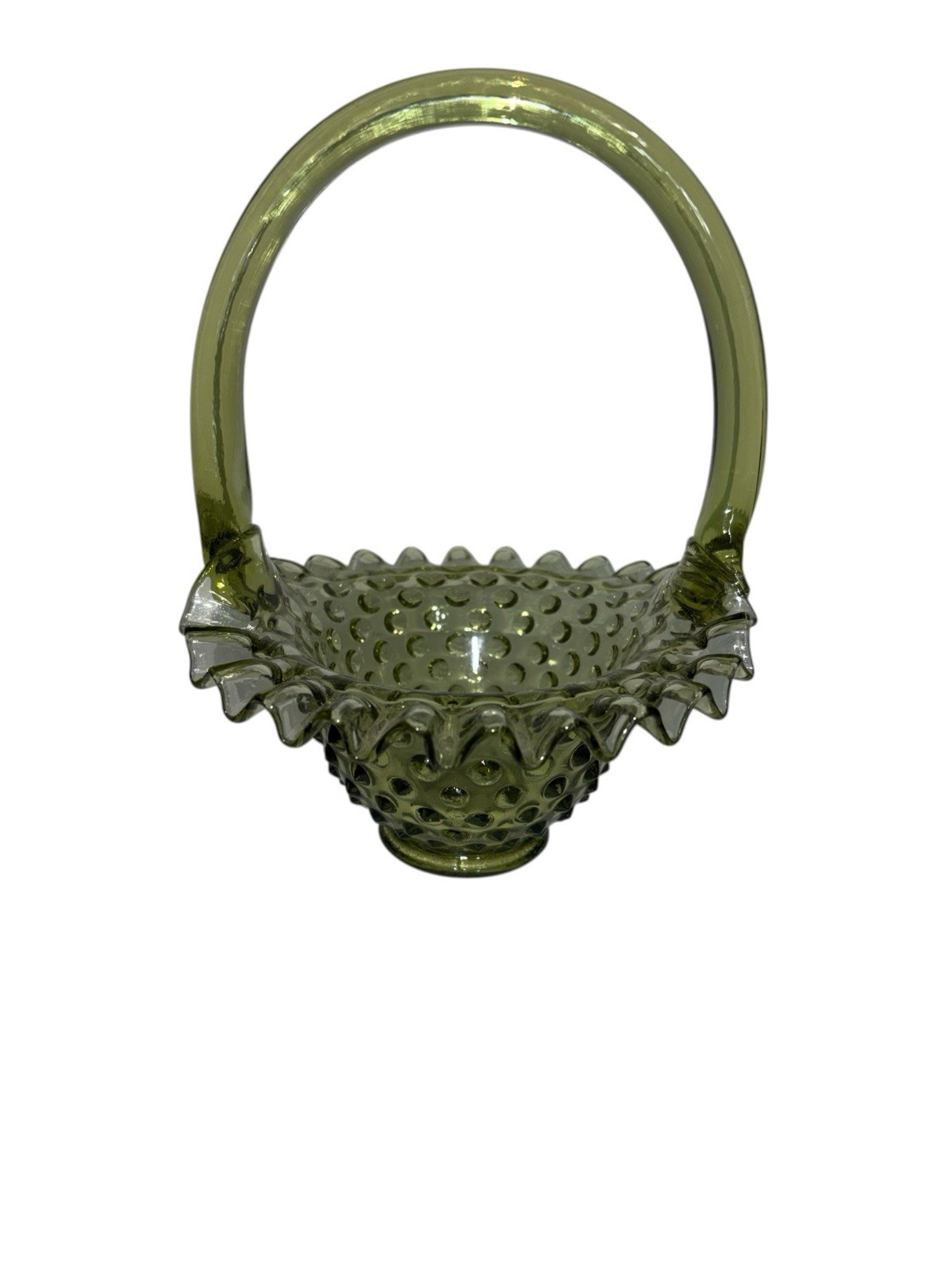 Vintage Fenton Hobnail Green Art Glass Basket Crimped Edge 8x6”