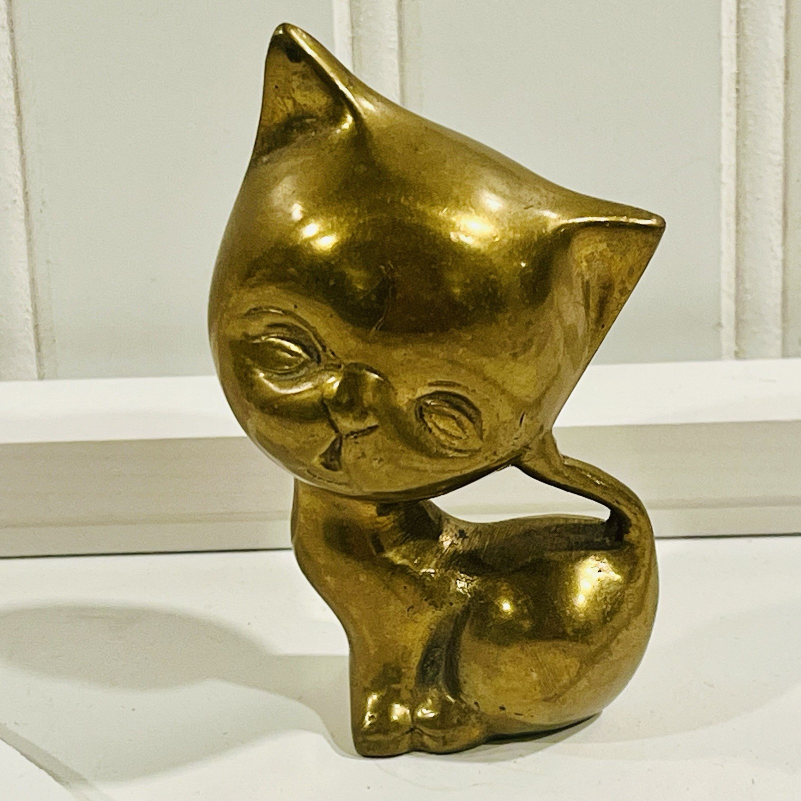 Vintage Solid Brass Cat Figurine Mid Century Modern Whimsical MCM