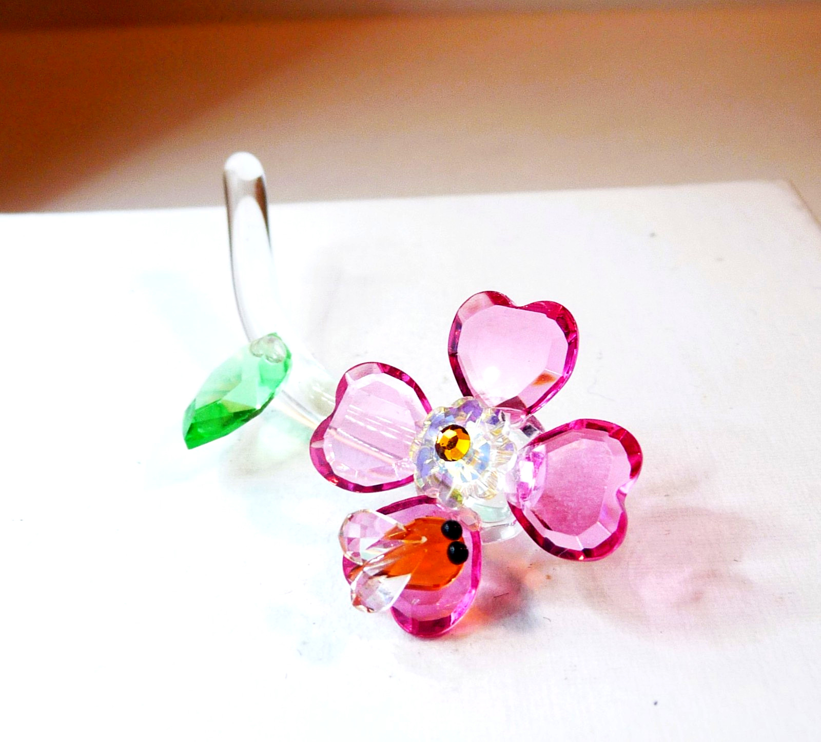 Rare Vintage 1995 Iris Arc Stemmed Crystal Pink Flower With Bee