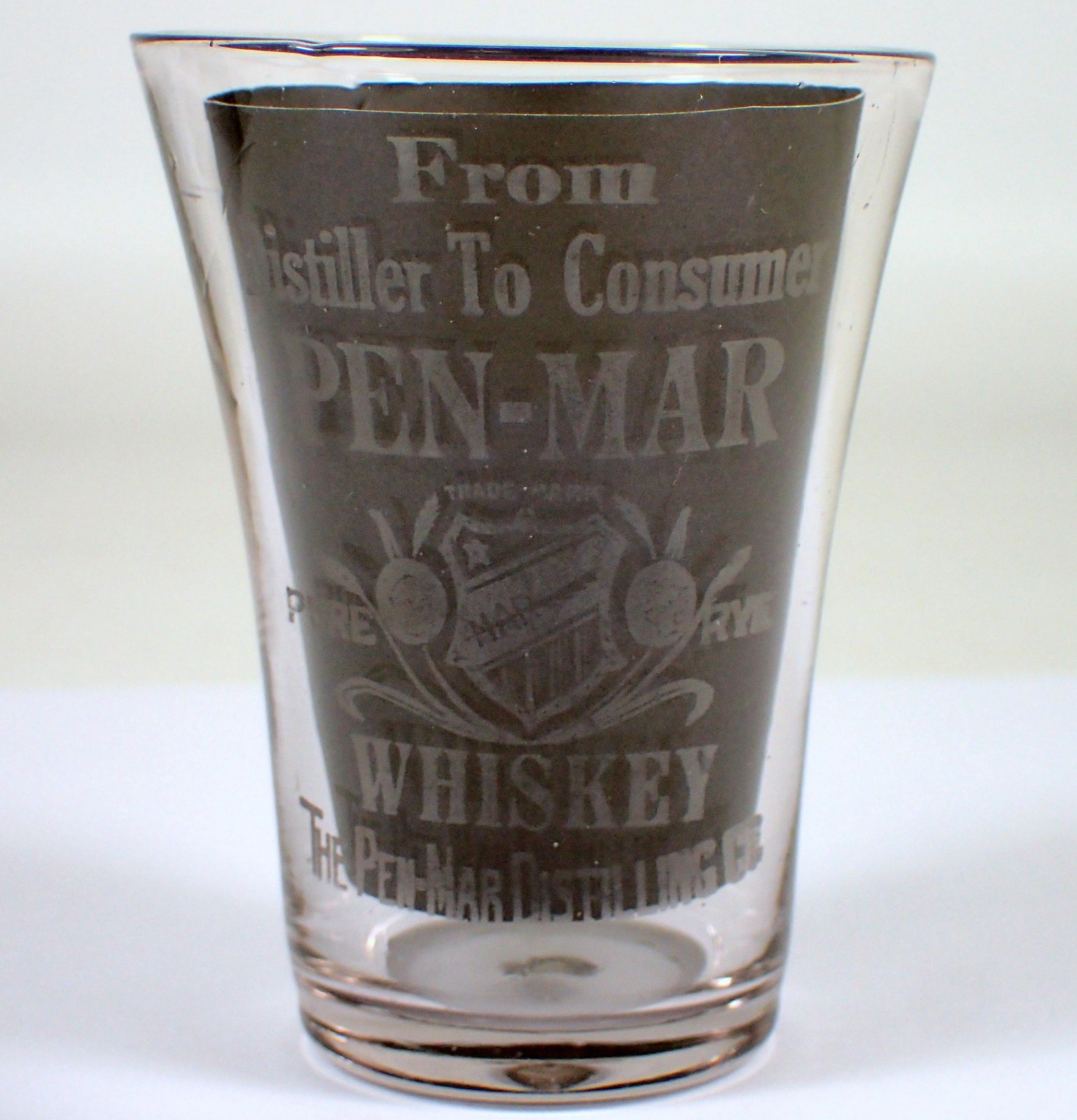 Antique Shot Glass Pre-Prohibition PEN-MAR Distiller Rye Whiskey Acid Etched