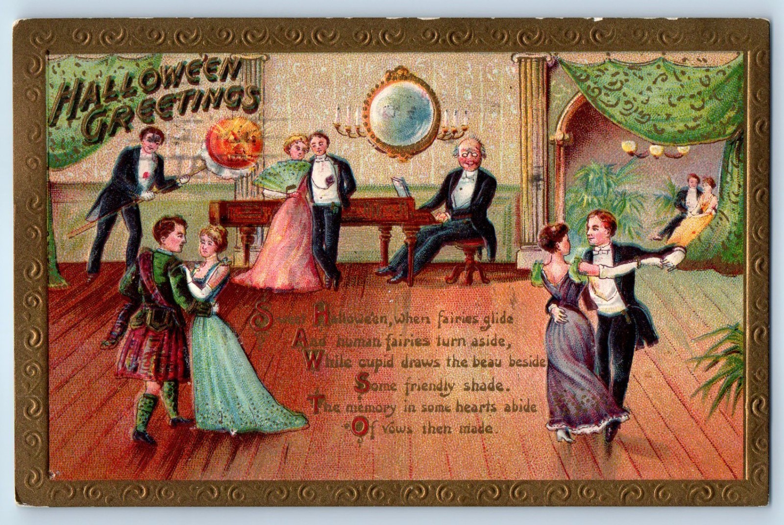 1911 Halloween Greetings Couple Dancing Party Jack O Lantern Embossed Postcard 1911 Halloween Greetings Couple Dancing Party Jack O Lantern Embossed Postcard