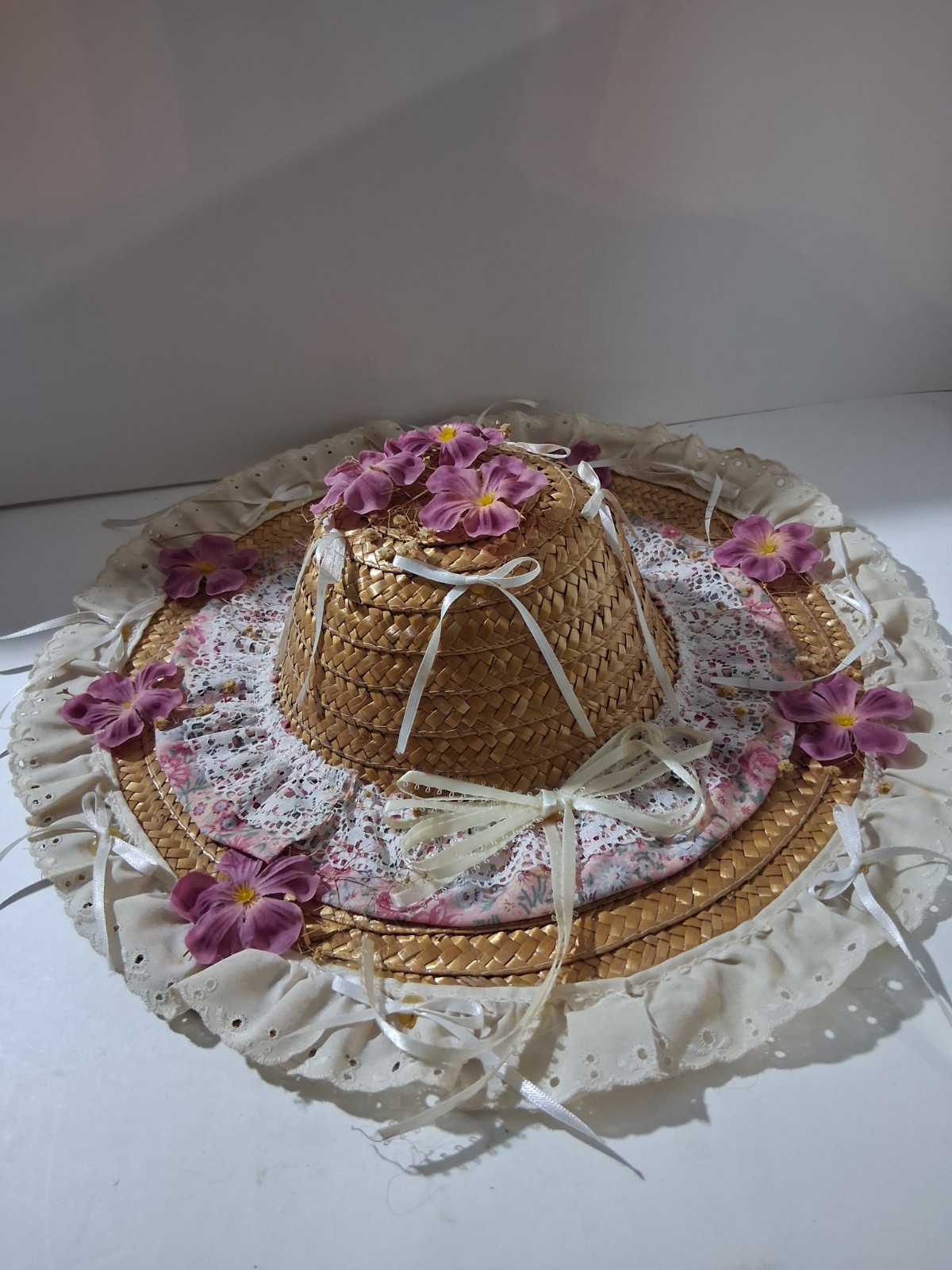 Vintage Victorian Style straw Hat hanging Wall art Décor 12” Lace Flower ribbon Vintage Victorian Style straw Hat hanging Wall art Décor 12” Lace Flower ribbon