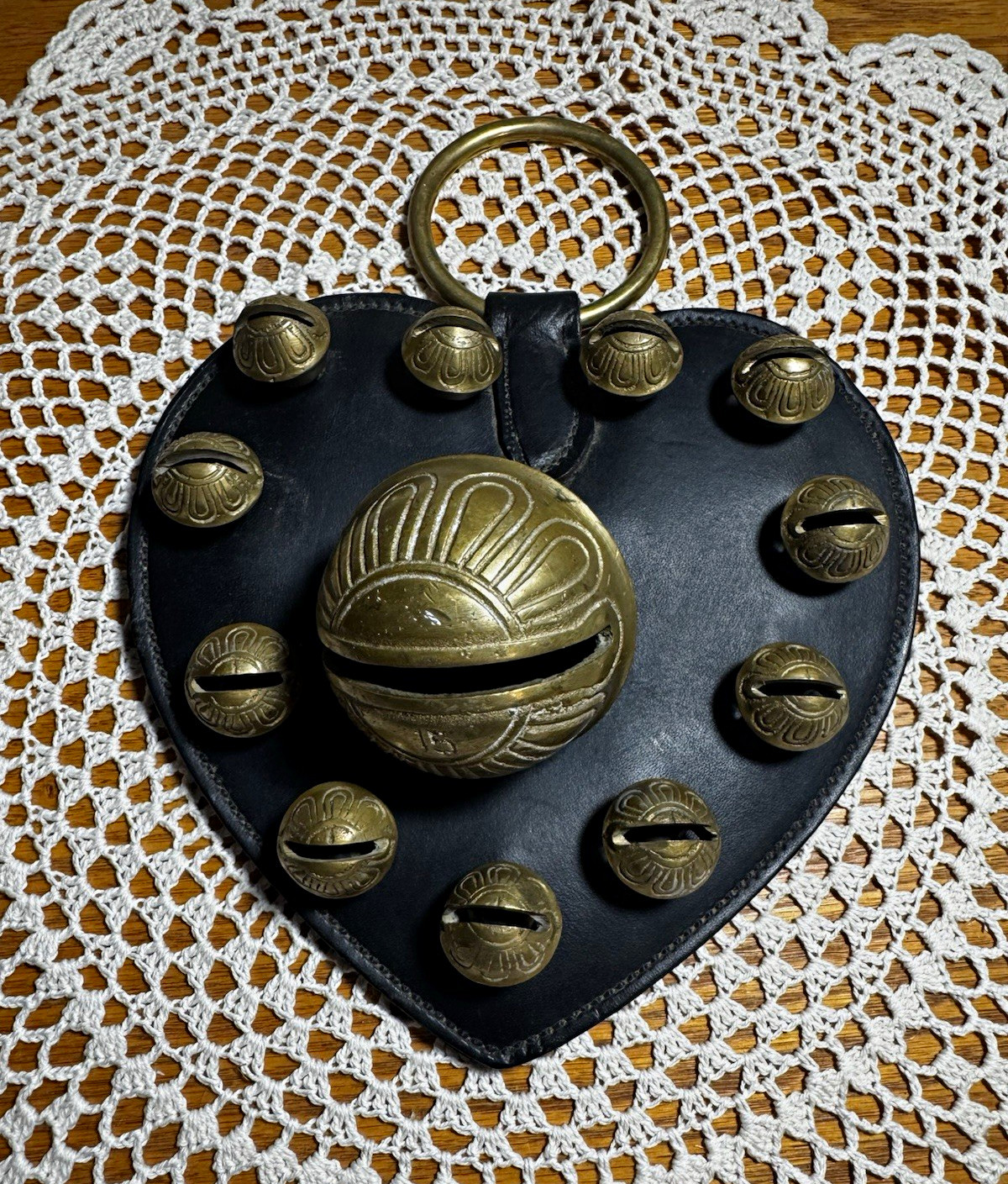 Vintage Heart-Shaped Leather Hanging Sleigh Bell, Antique Brass Finish 