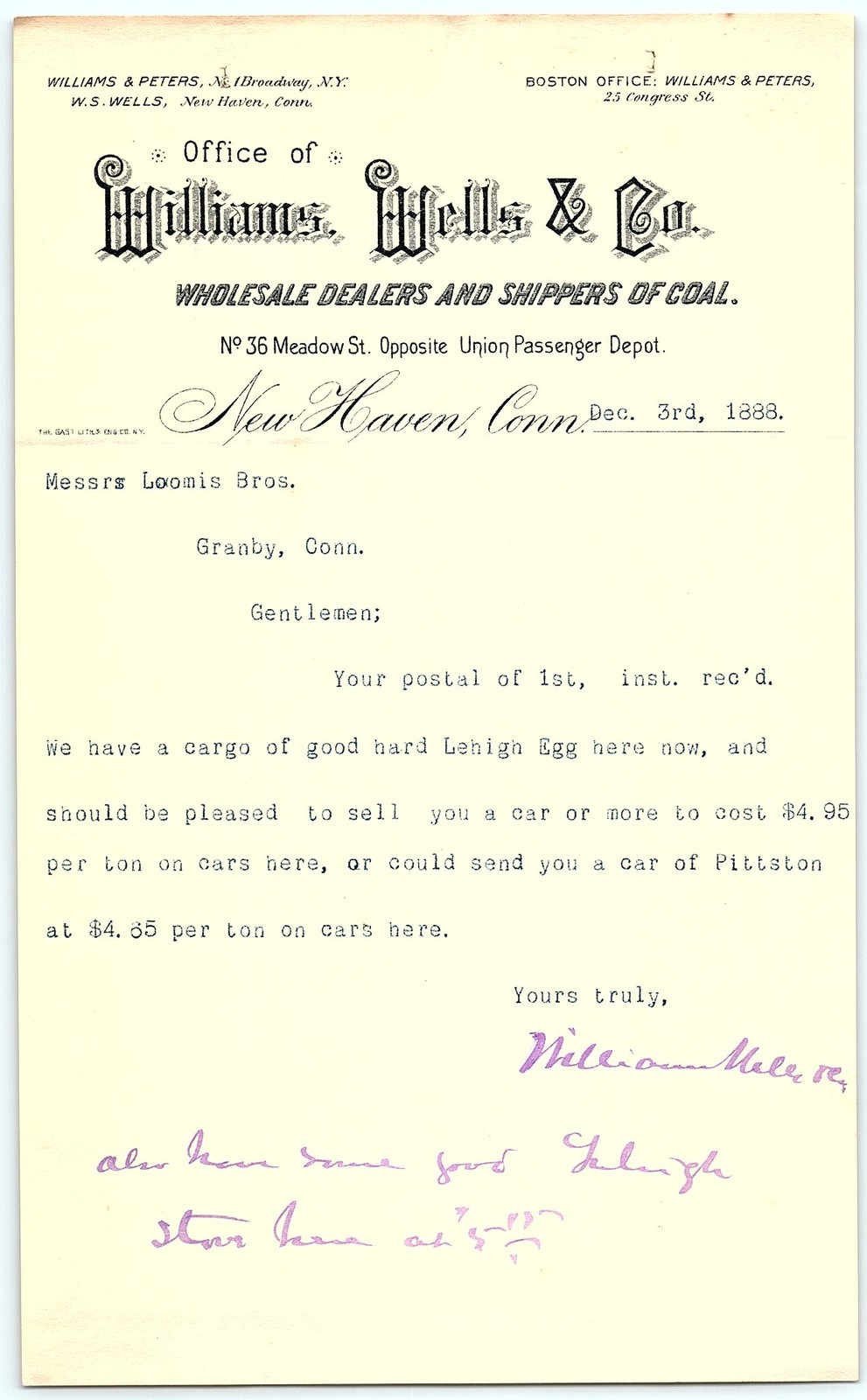 1883 Williams Wells & Co. New Haven CT Coal Company Letter