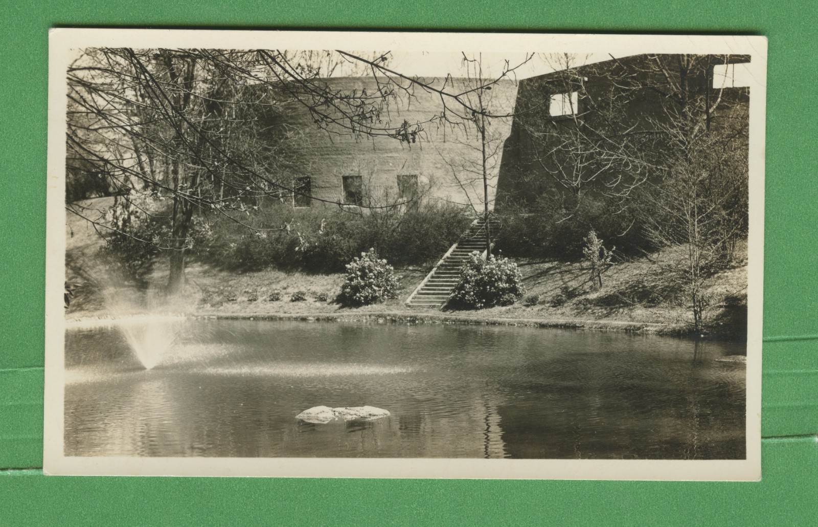 Vintage Modernist Building Garden Pond Fountain Real Photo Postcard RPPC