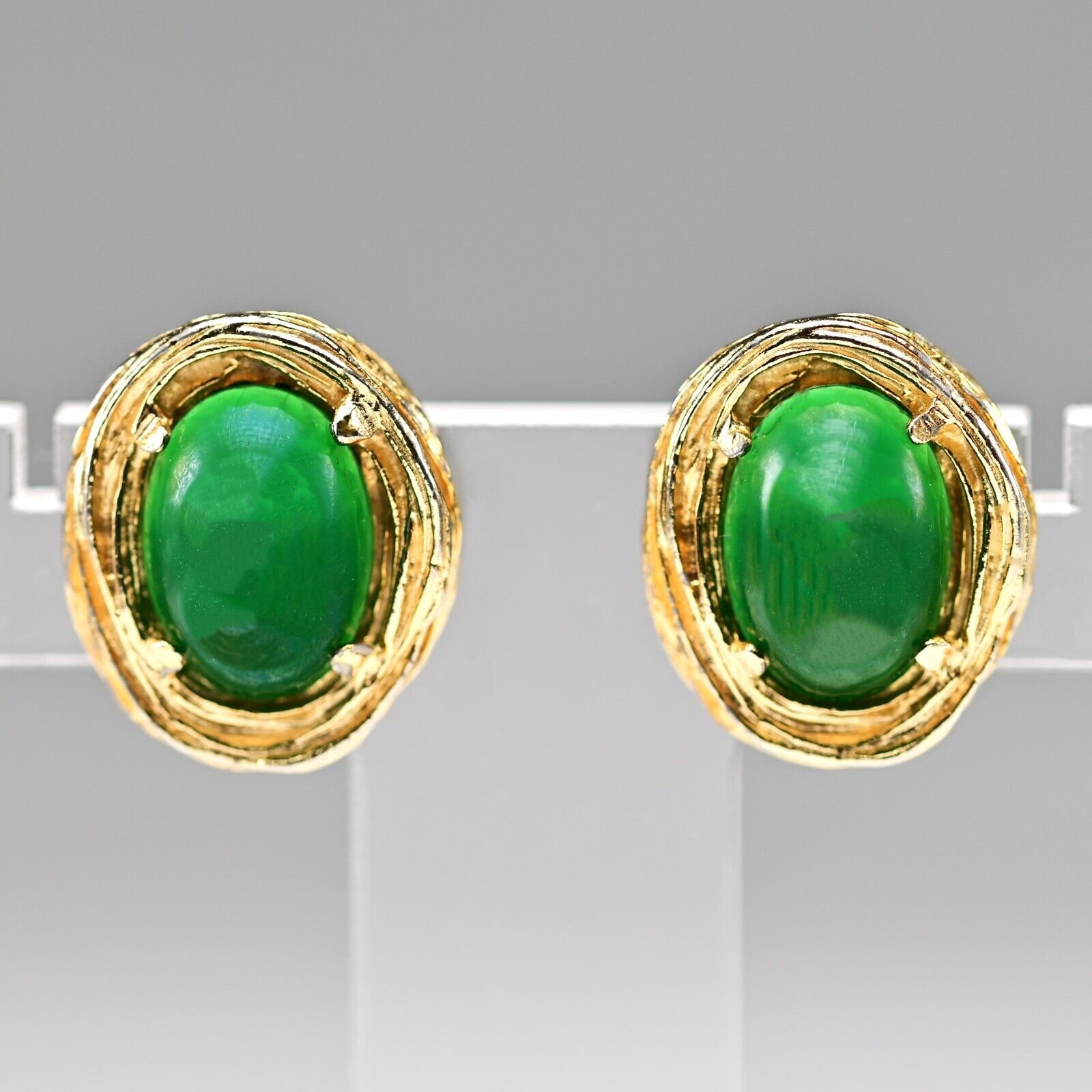 Vintage Original Designer Jadeite Cabochon Emerald Brush Gold Estate Earrings