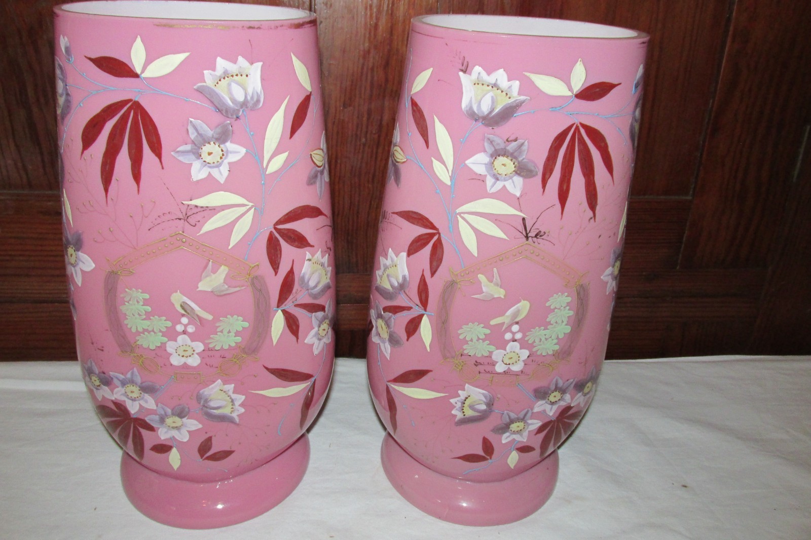 Antique Cased Pink HAND PAINTED Victorian Vases Pair Vintage 11 3/4 Antique Cased Pink HAND PAINTED Victorian Vases Pair Vintage 11 3/4