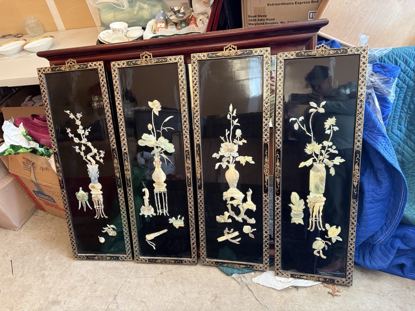 Vintage Chinese Lacquered Carved Soapstone Panels - Set of 4 Vintage Chinese Lacquered Carved Soapstone Panels - Set of 4