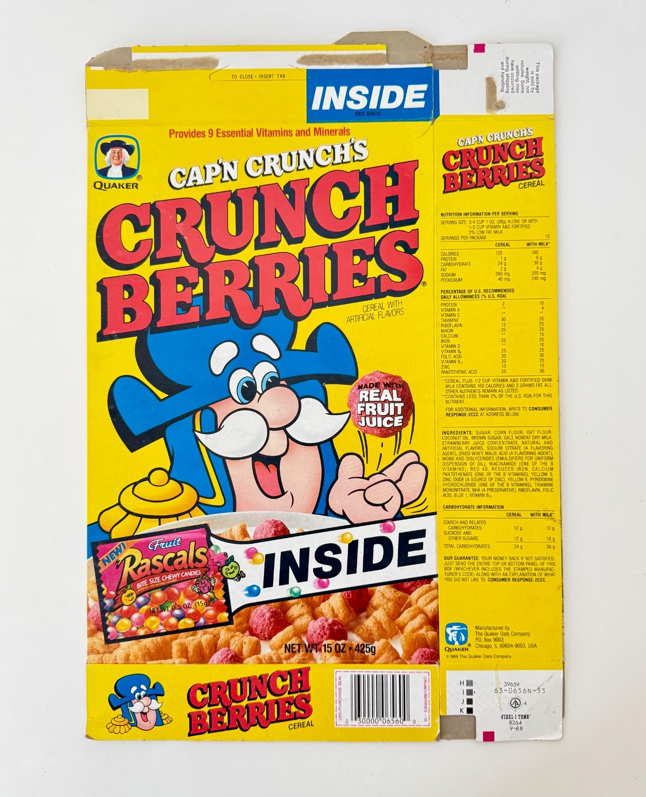 Vintage 1988 Quaker Cap'n Crunch Berries Cereal Box Rascals Candy/Toy Doll Vintage 1988 Quaker Cap'n Crunch Berries Cereal Box Rascals Candy/Toy Doll