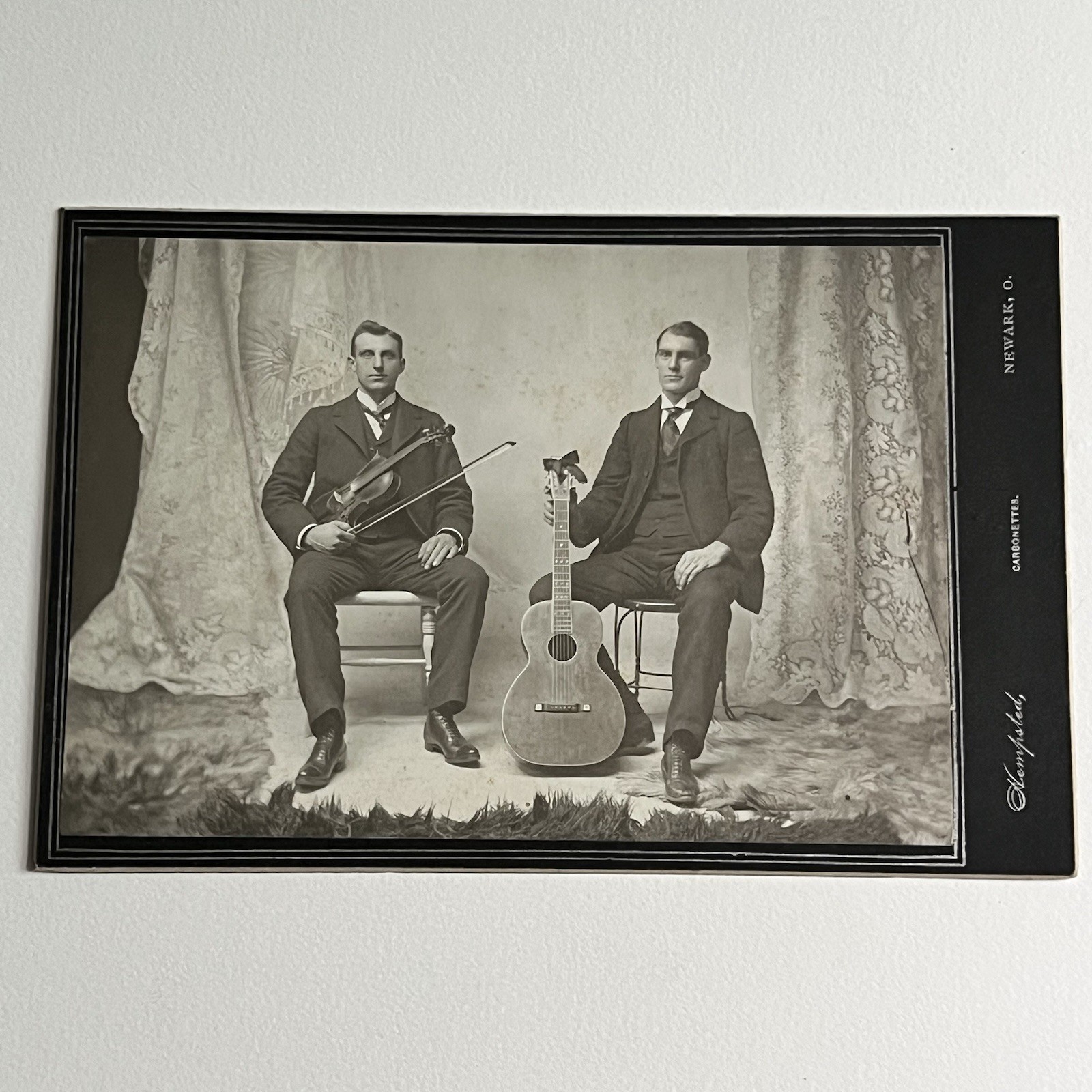 Antique Cabinet Card Photograph Handsome Men Guitar Fiddle Newark OH ID Cline