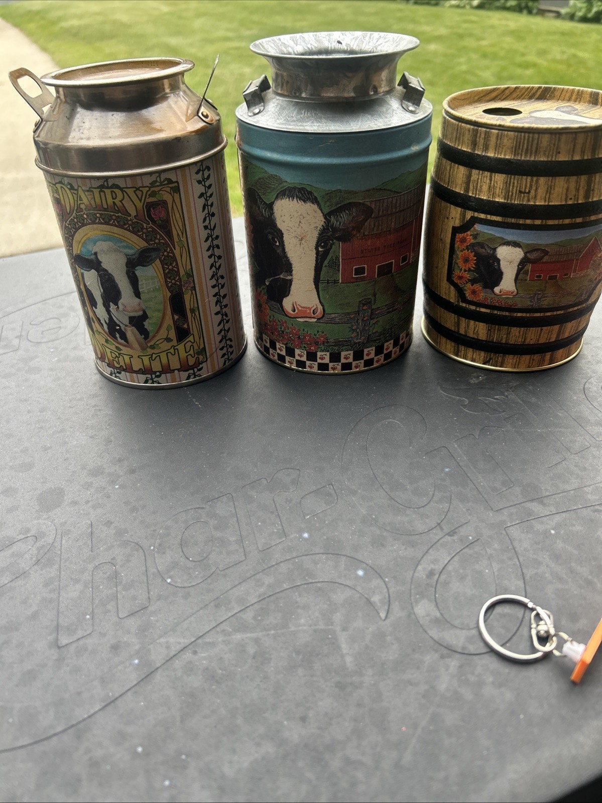 3 Decorative Milk Cans With Removable Kids With Cows On Them 6 Inches High Each