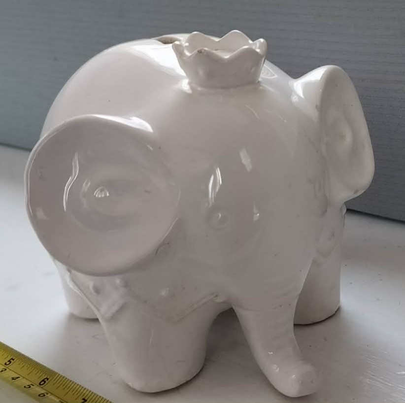 White porcelain crowned elephant piggy bank. (No bottom plug)