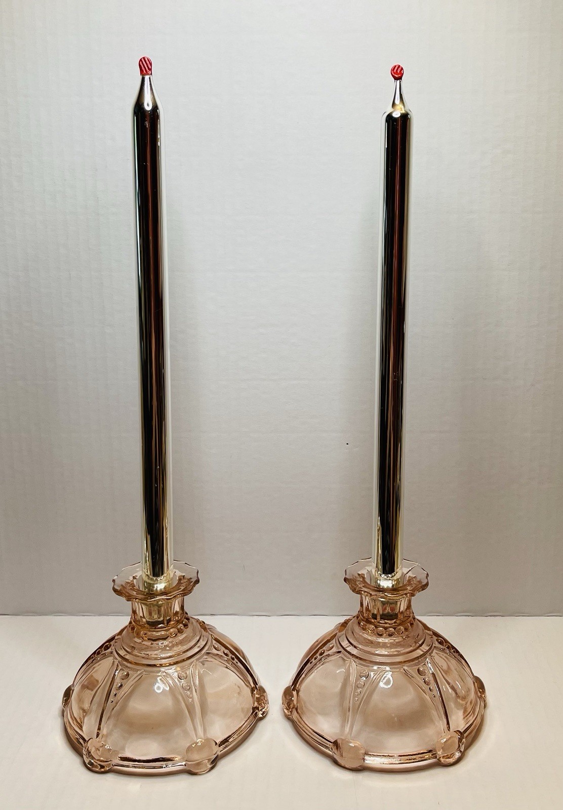 Vintage Mercury Glass Candlesticks Faux Taper Candles Red Flame Portugal 11.5\