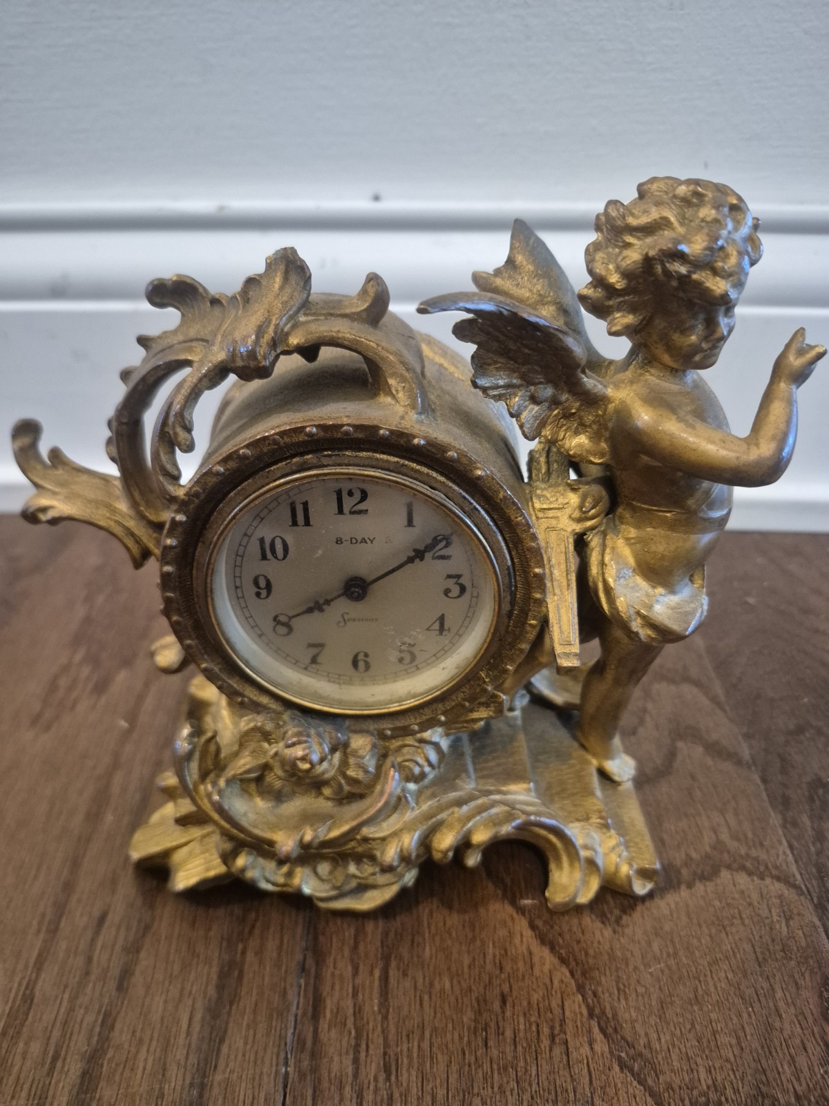 Antique Victorian  Angel Cherub Gold Gilt  Clock.  6.5” Tall Sessions