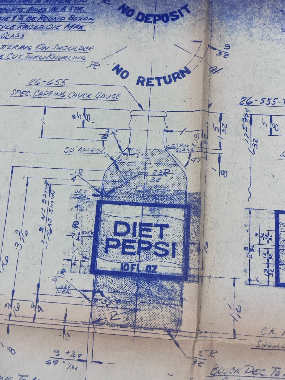 1970 Diet Pepsi 10oz Bottle Blueprint Factory Copy Owens-Illinois BA-5331-1