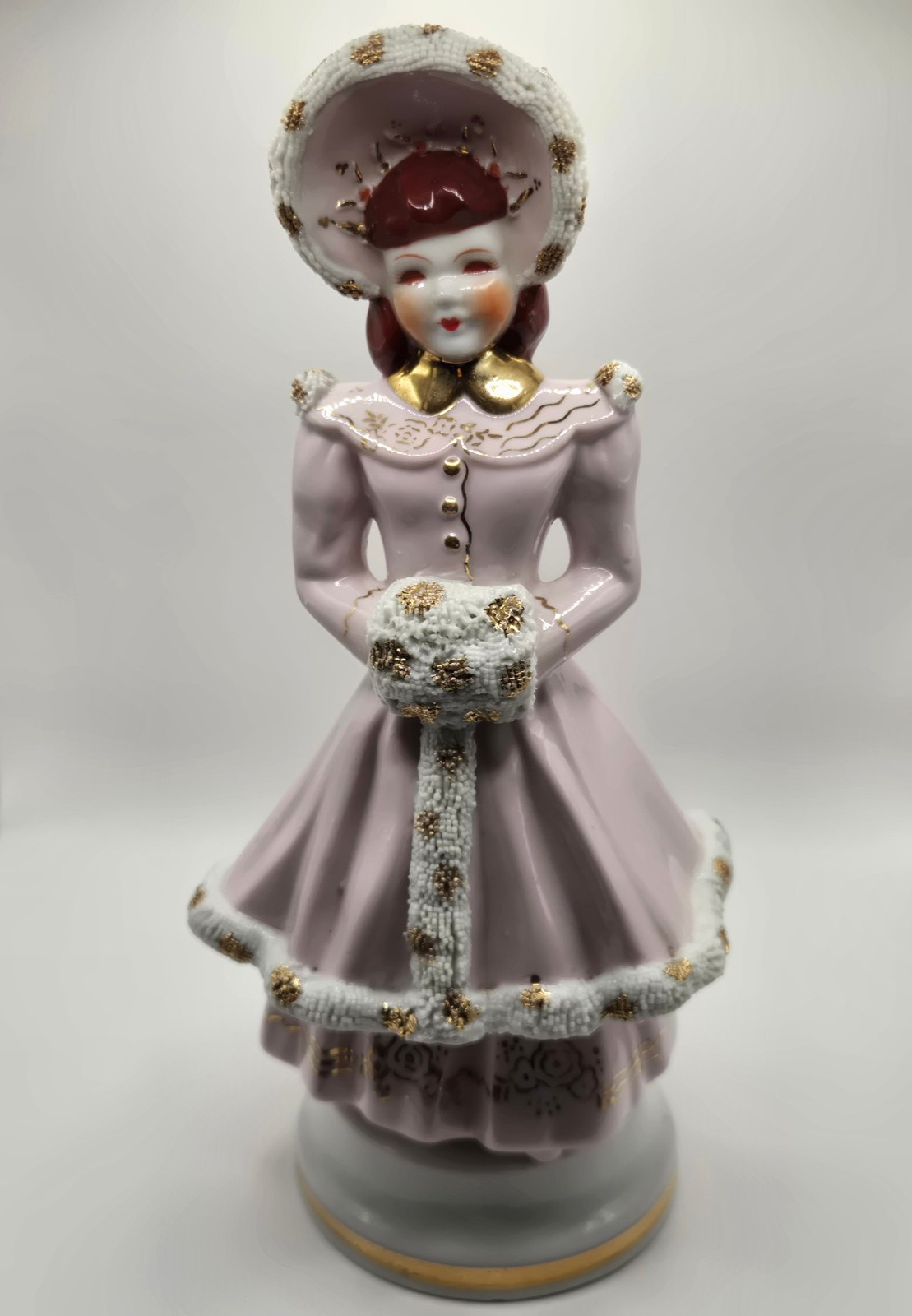 Vintage Maruyama Occupied Japan Ceramic Lady in Pink Dress Figurine - Spaghetti