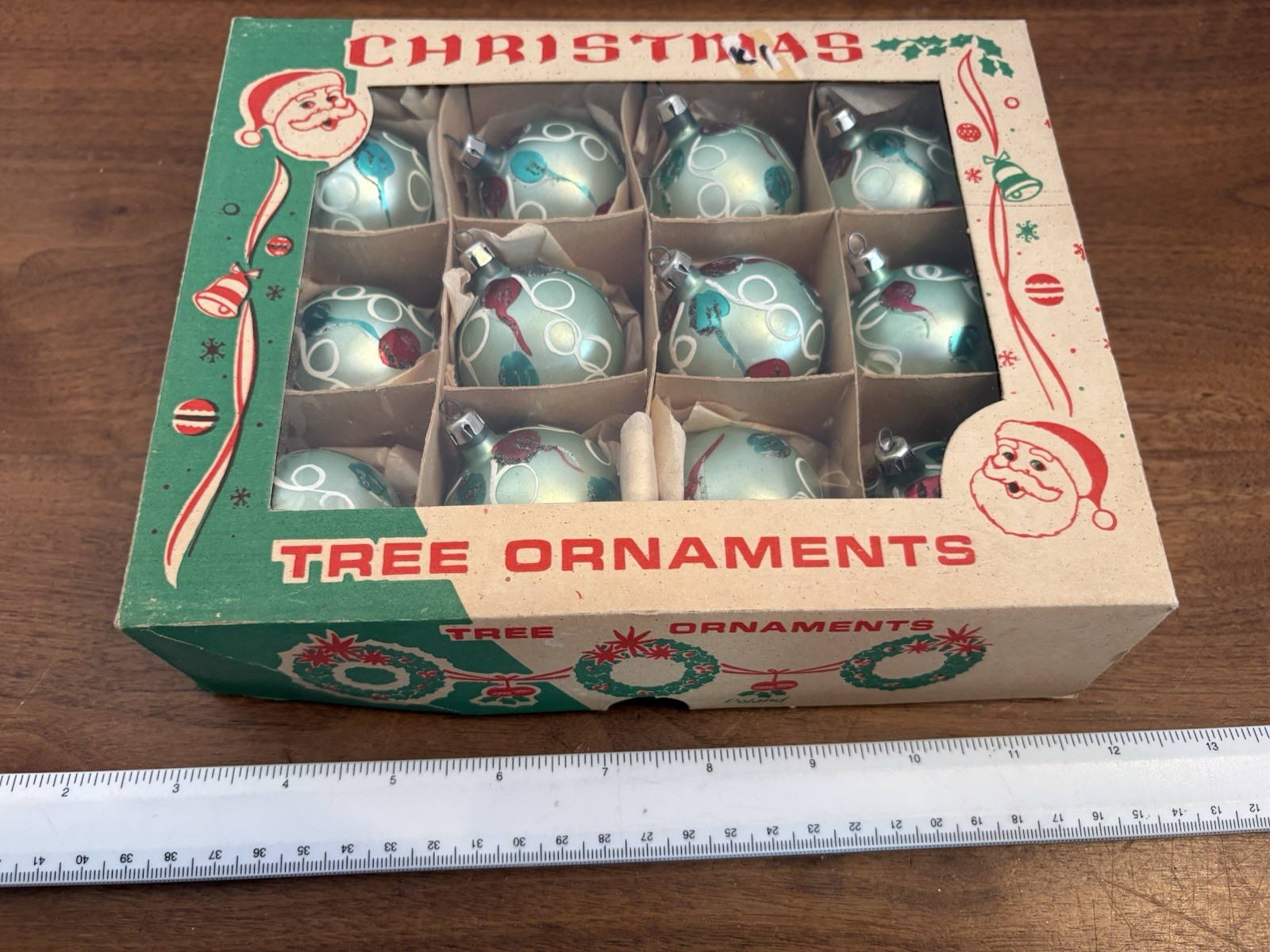 Vintage MCM Mercury Glass Christmas Ornaments Set of 12 in Box Poland 1.75” ea.