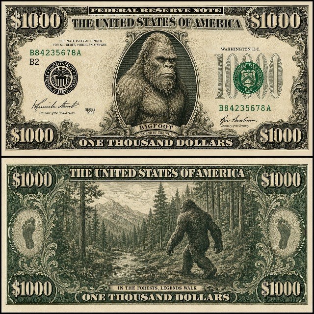 1095 Bigfoot Gag 1,000 Dollar Bill Full-Sized