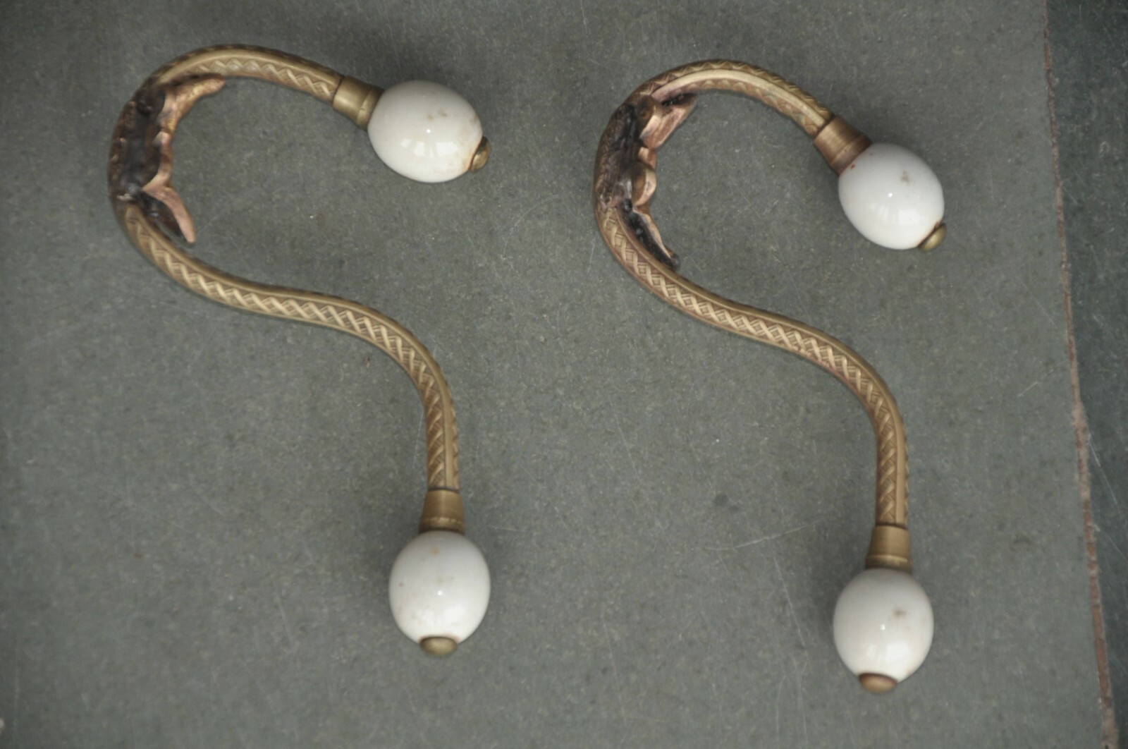 2 Pc Old Brass & Ceramic Fine Handcrafted Engraved Wall Hooks 
