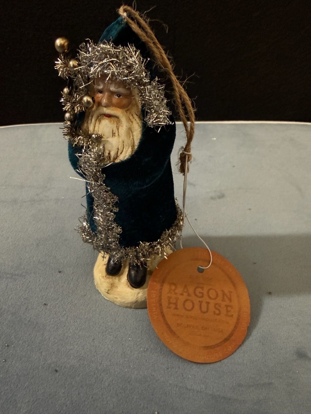 Ragon House Deep Ocean Blue Velvet Belsnickle Santa Christmas Ornament
