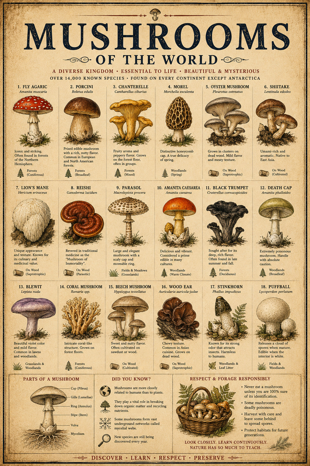 Mushrooms of the World Poster 13x19 – Vintage Mushroom Species Chart Botanical