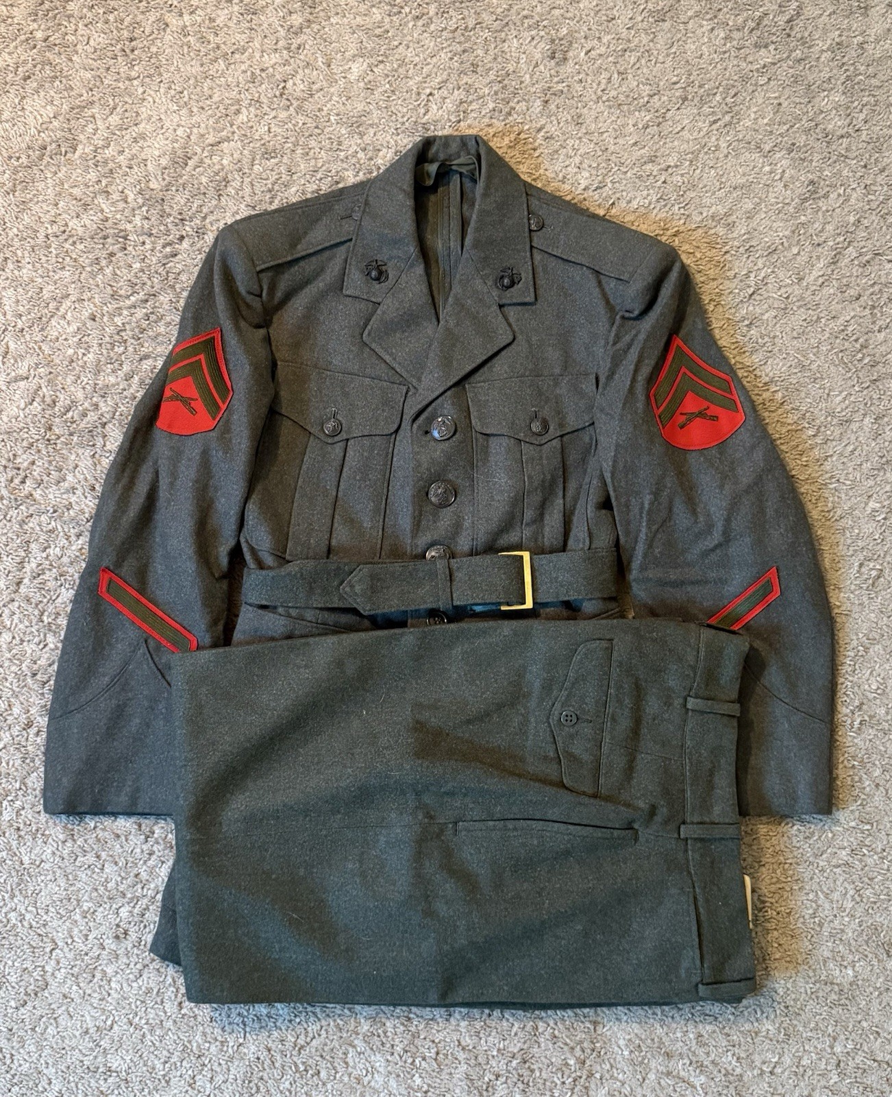 Vintage USMC 60s 70s Vietnam Service Alpha Uniform Set Coat Pants Belt Green