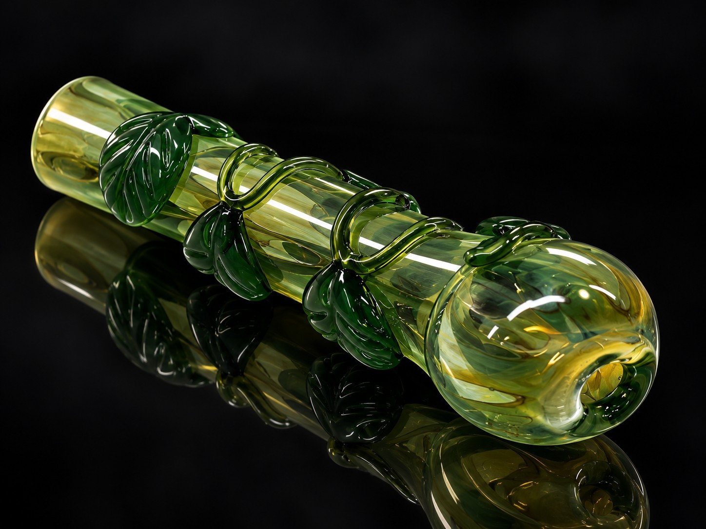 Green Glass Tobacco Chillum w Artistic Leaf Wrap