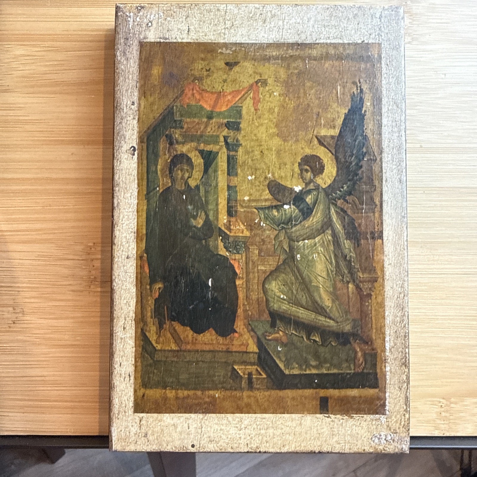 Icon of the Annunciation of Ohrid Virgin Mary Reverse Print Wood Plaque 7”x 4.5”