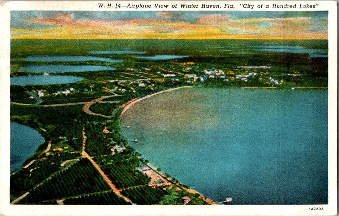 Vintage 1941 Aerial Postcard Winter Haven Florida City of Hundred Lakes