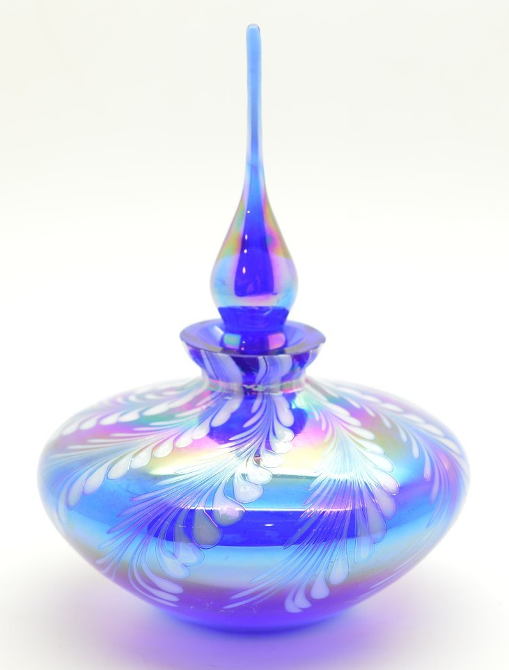 Vintage Blue Iridescent Perfume Bottle Art Glass Pulled Feather w Stopper Vintage Blue Iridescent Perfume Bottle Art Glass Pulled Feather w Stopper