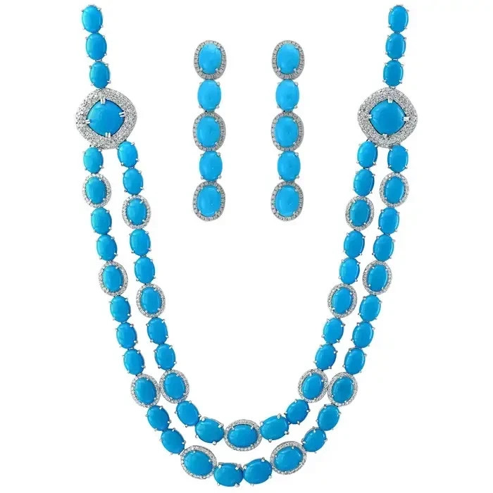 35Ct Sleeping Beauty Turquoise Diamond 14K White Gold Over Necklace Earrings Set