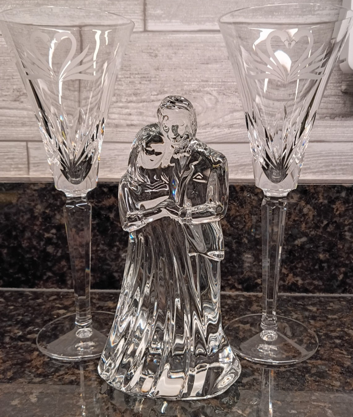 Waterford  Crystal Wed. Collect. Swan Cham. Toasting Flutes & Bride/Groom Fig.