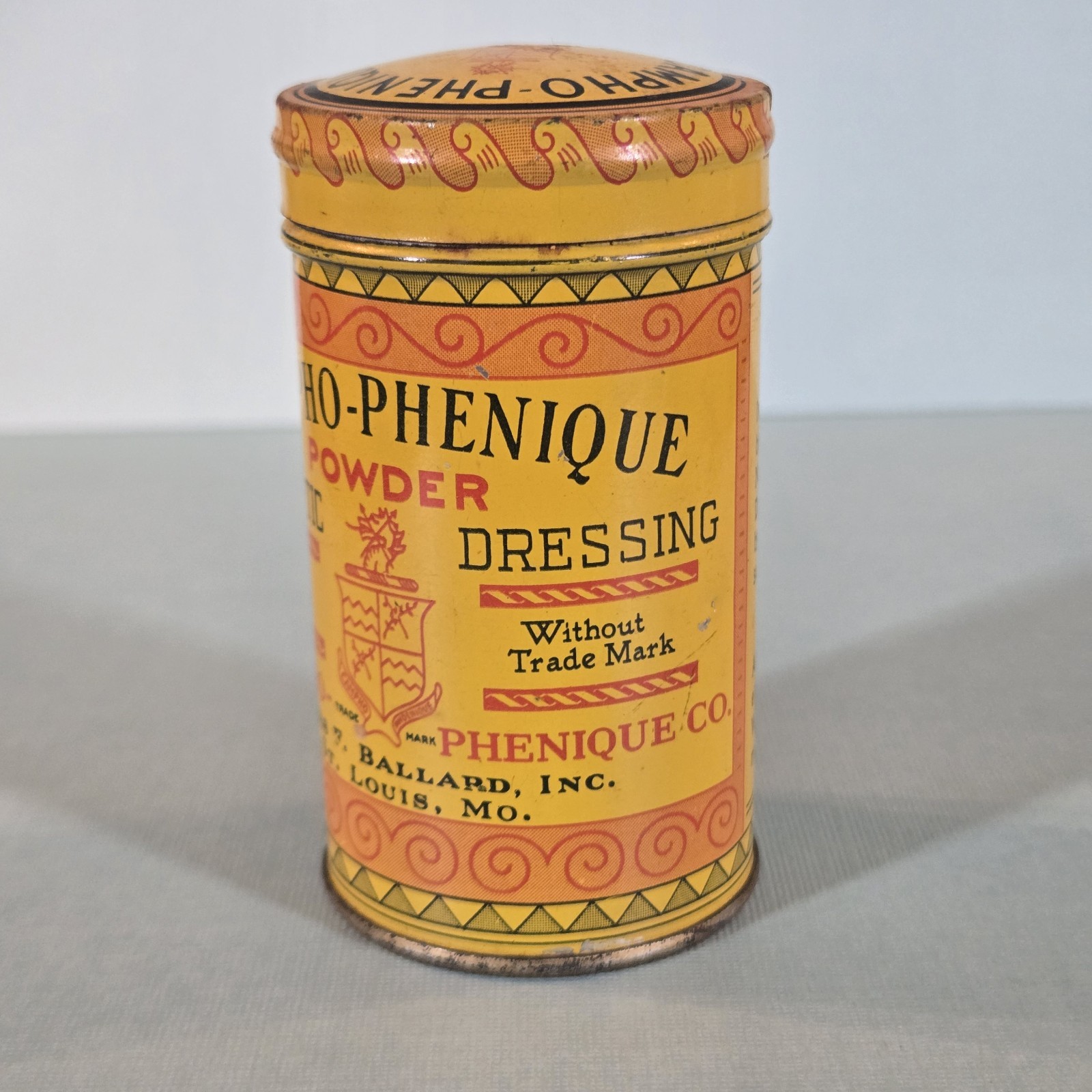 Antique 1910 Campho-Phenique Antiseptic Powder Yellow Medicine Tin. Full content