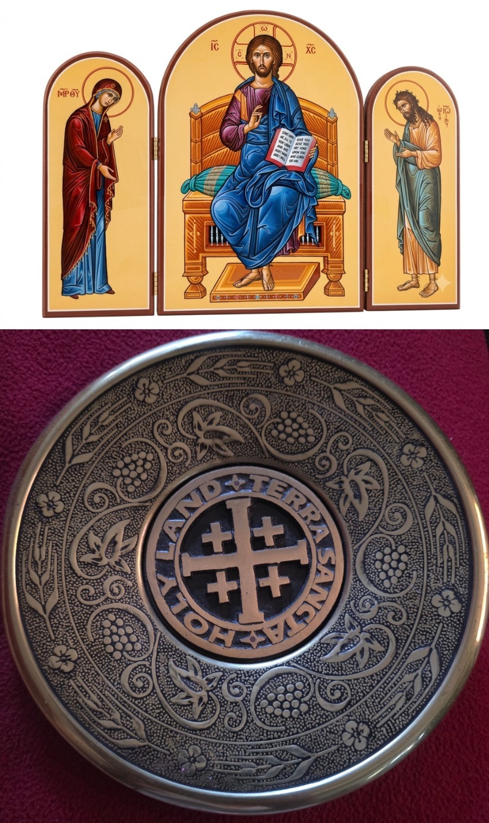 2Religious Devotional Lot: Orthodox Deesis Triptych Icon & Brass Jerusalem Cross