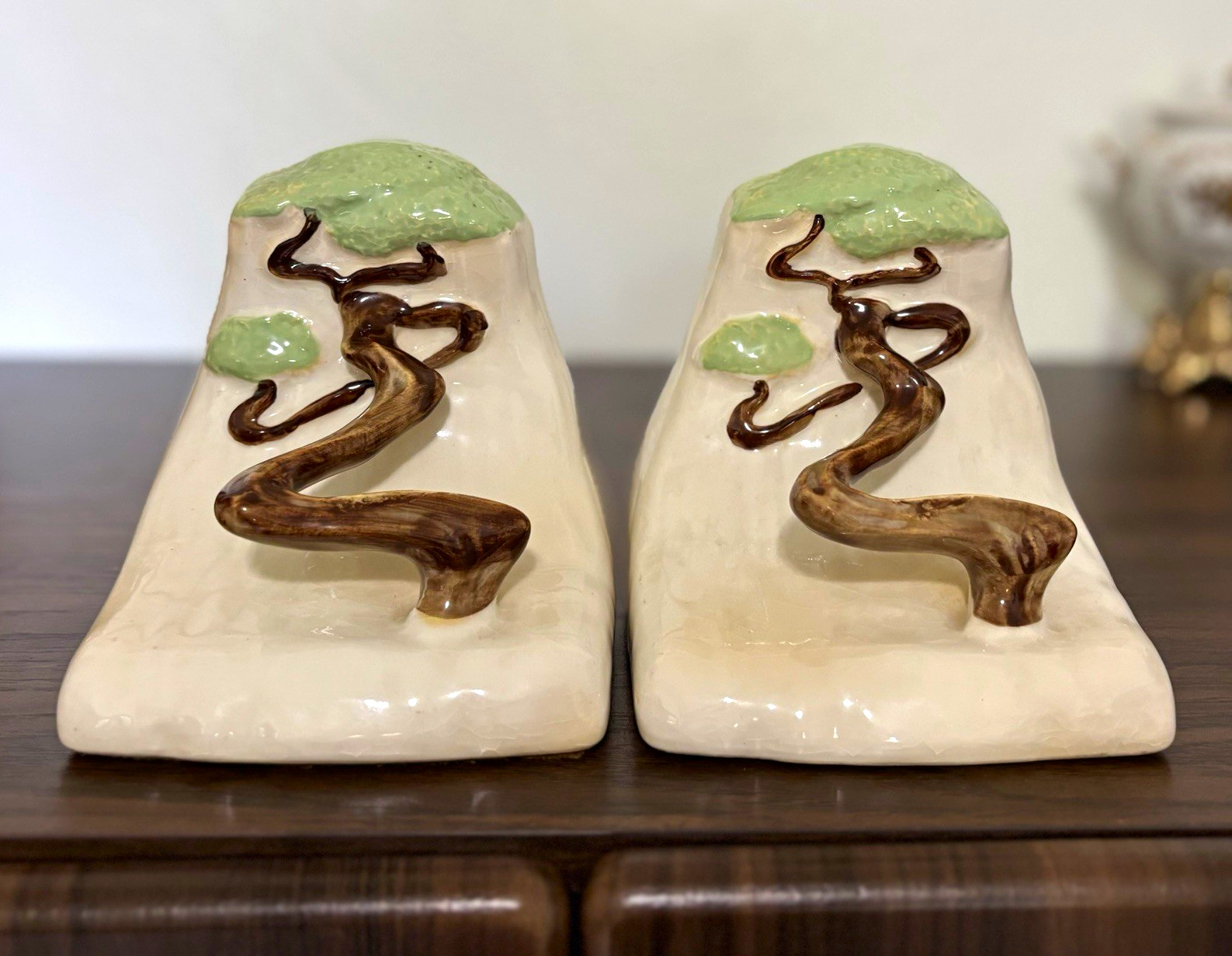 Vintage Roseville Pottery White Ming Tree Bookends 559 Art Pottery Pair 1949 Vintage Roseville Pottery White Ming Tree Bookends 559 Art Pottery Pair 1949