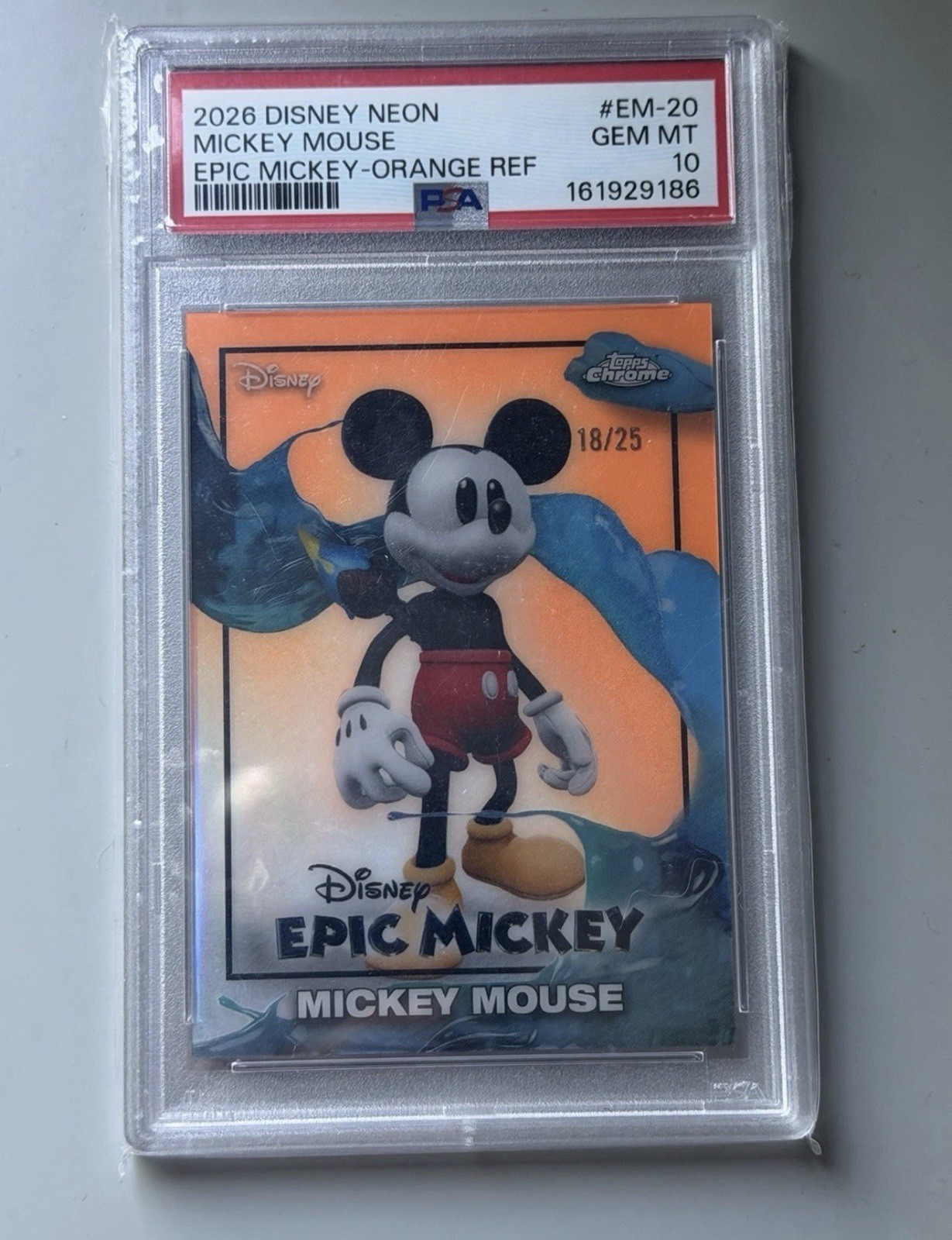 Topps 2026 Disney Neon Epic Mickey  Orange Refractor 18/25 PSA 10