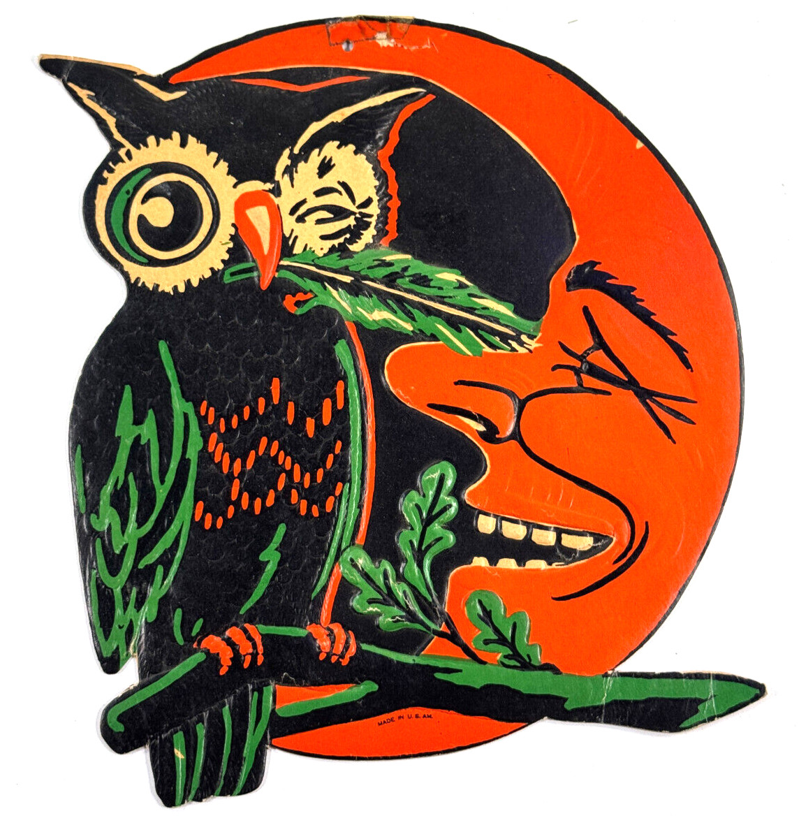 vtg 1930s Beistle Halloween Winking Owl on Moon Die Cut Embossed DEEP vtg 1930s Beistle Halloween Winking Owl on Moon Die Cut Embossed DEEP
