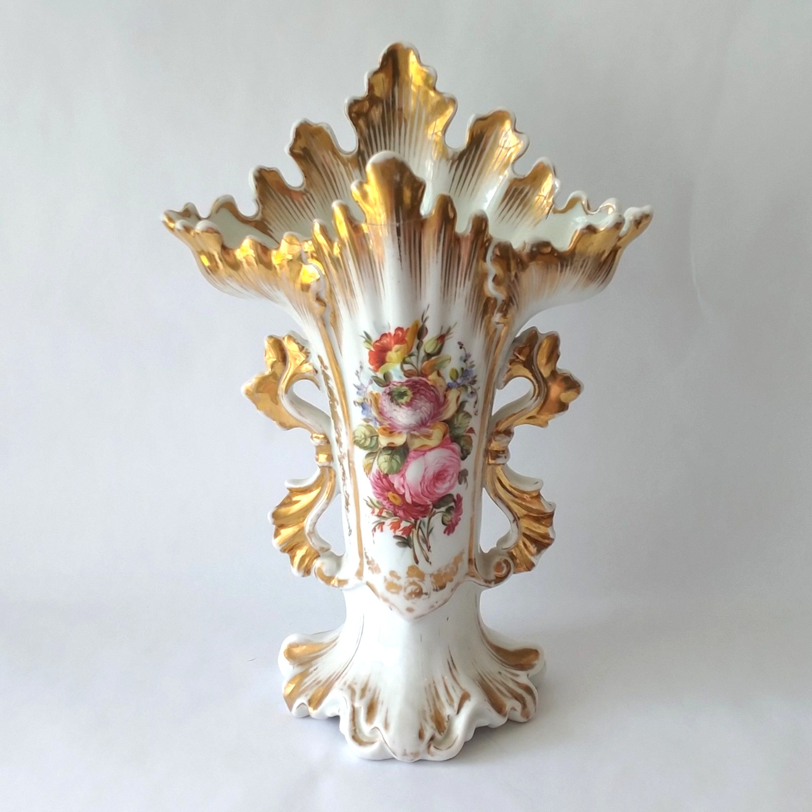 Victorian Old Paris Porcelain Spill Vase Handmade Floral Gold Gilt Ruffled Rim