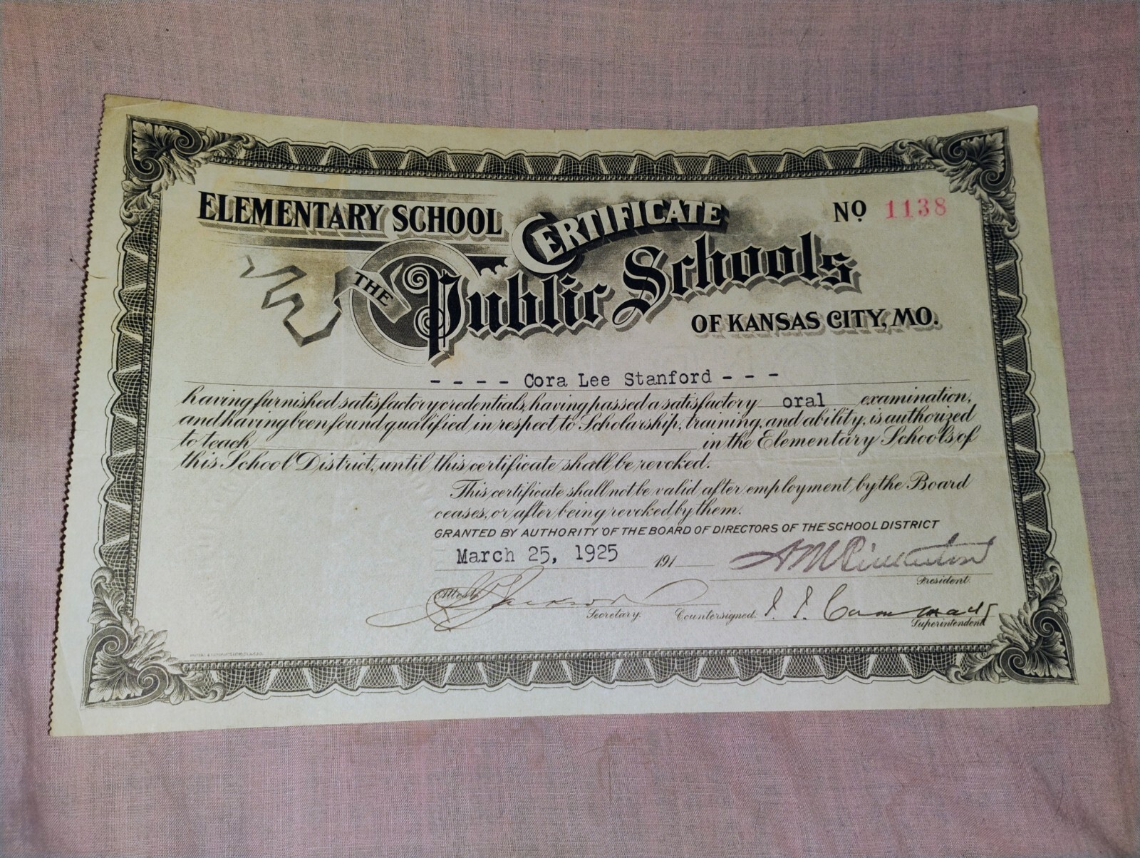 Vintage Original 1925 Elementary Public School Teaching Certificate Kansas City 