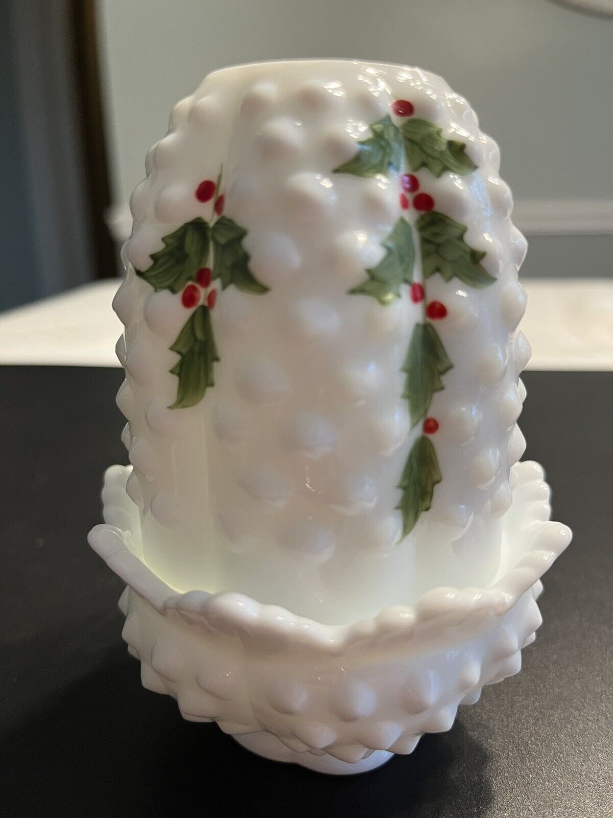 Vintage Fenton Christmas Holly Fairy Lamp Hand Painted White Hobnail