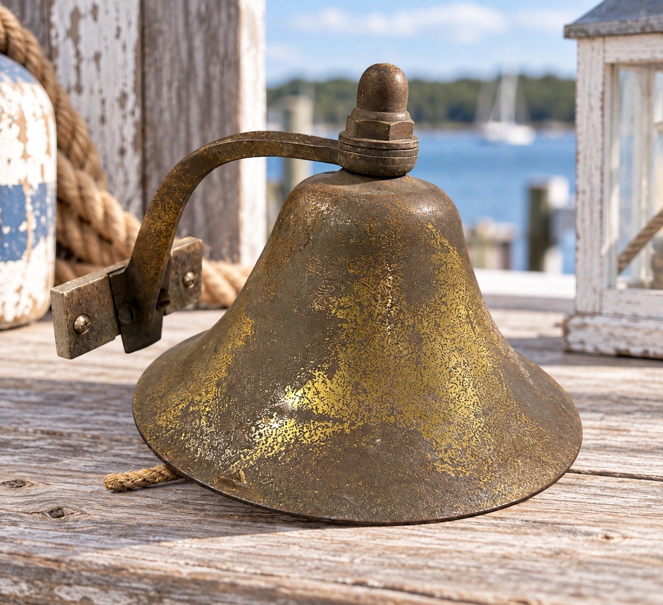 VTG Brass Wall Mount Ship Bell Nautical Maritime Rope Pull Patina