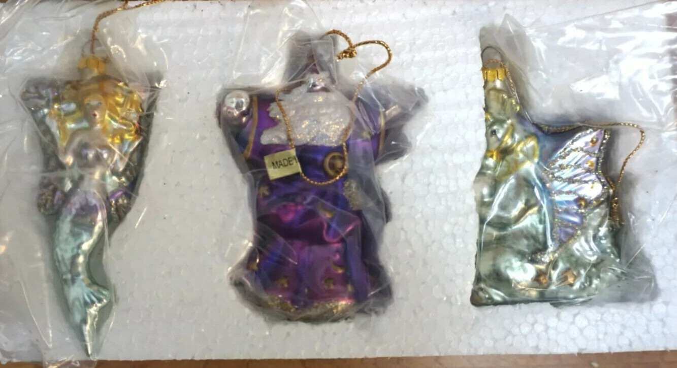 VTG Kirks Folly Mercury Glass Ornaments Set of 3 Mermaid Wizard Dragon In KF Box
