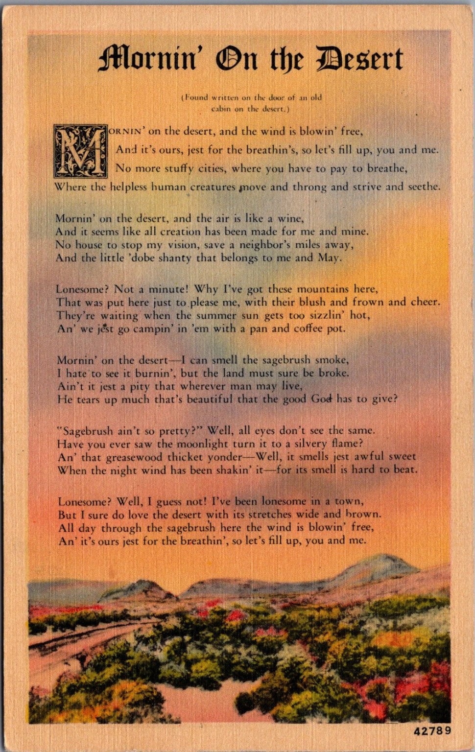 Mornin\' On The Desert Poem Postcard - Herz, San Diego CA - Vintage USA Mornin\' On The Desert Poem Postcard - Herz, San Diego CA - Vintage USA