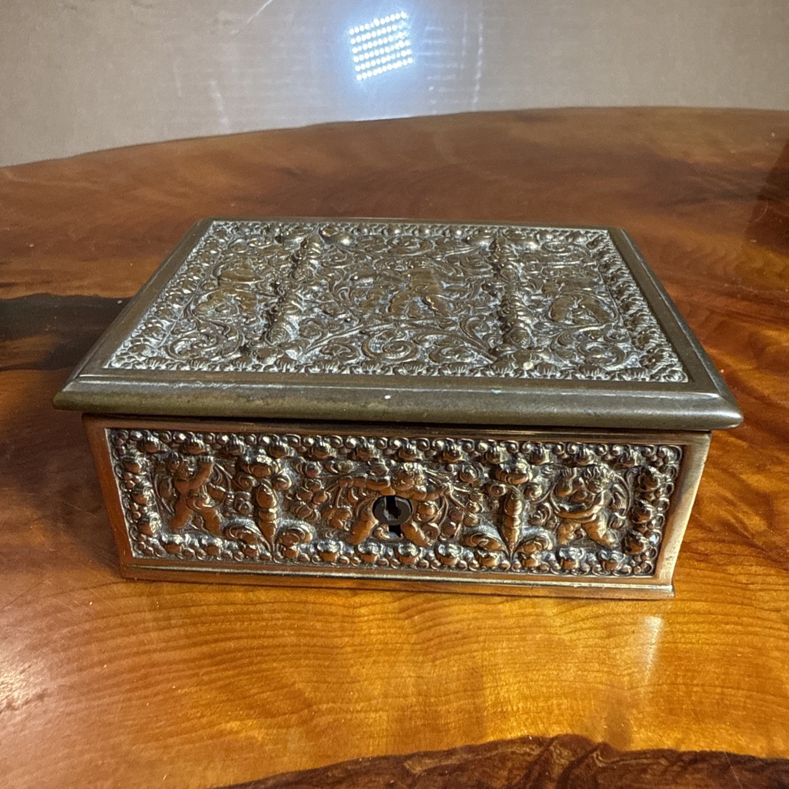 Antique German Erhard Sohne Brass Jewery Box w/ Cherub Putti - Velvet Lining Antique German Erhard Sohne Brass Jewery Box w/ Cherub Putti - Velvet Lining