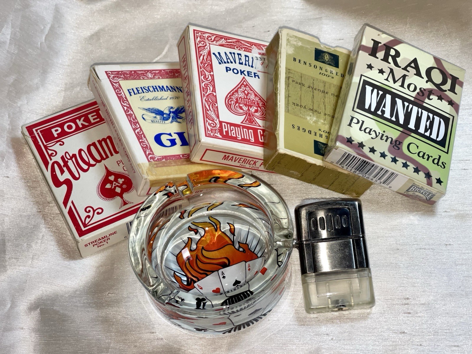 Vintage 1980s Poker Set Flaming Aces Ashtray Colibri Lighter 5 Decks Cards Lot 