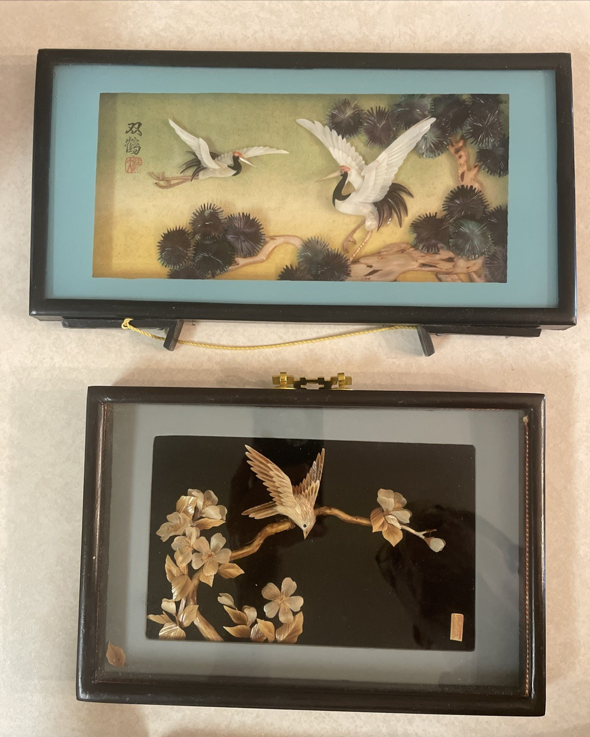 2 Vintage Framed Asian Shell Art Shadow Boxes - Birds Cranes Mother of Pearl