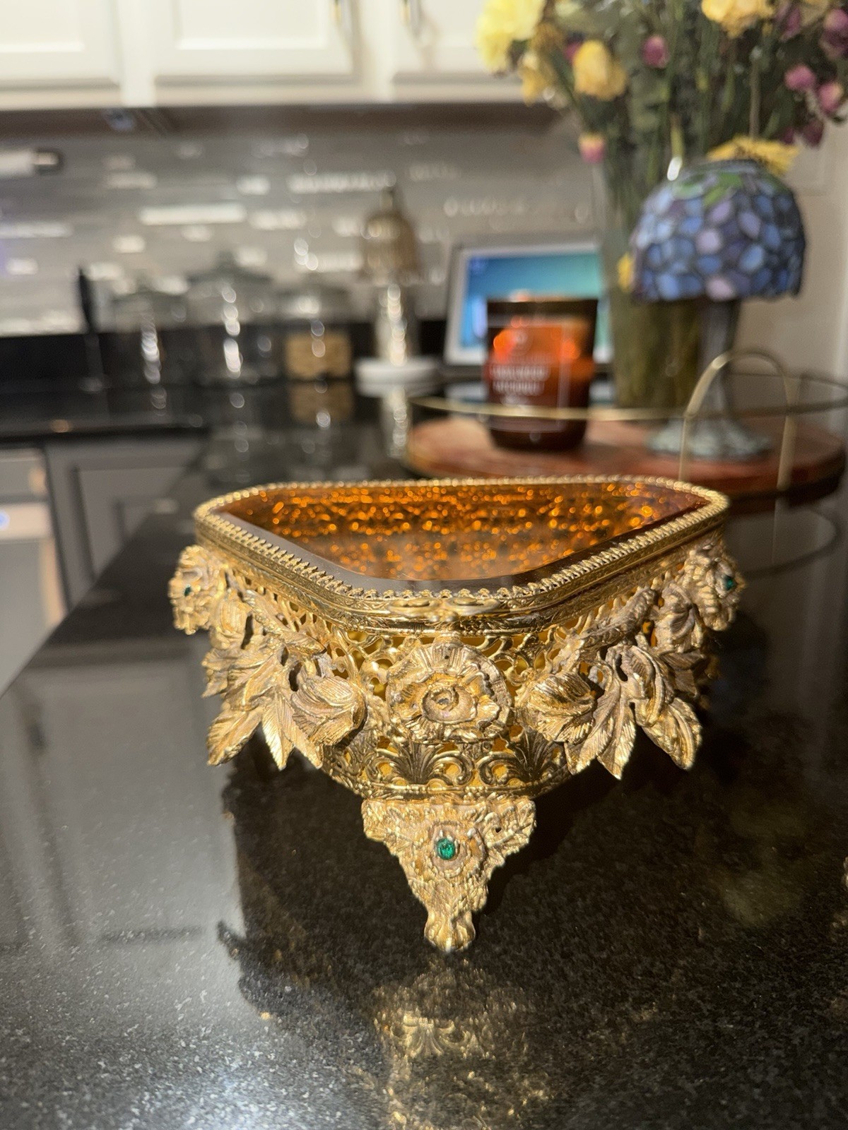 Vintage Hollywood Regency Gold Ormolu Filigree 4-Pc Vanity Set Amber Glass