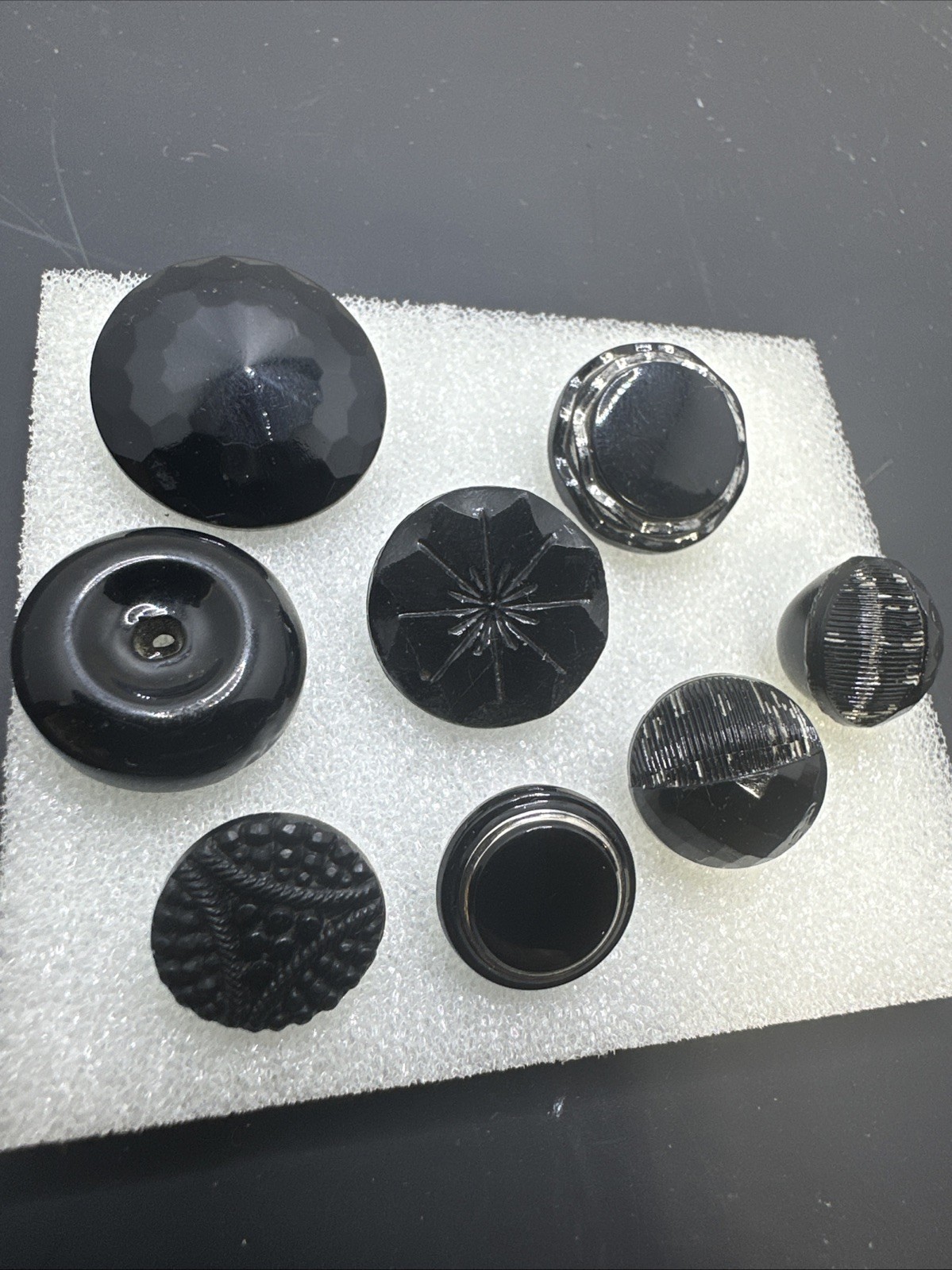 Antique Vintage Black Glass Buttons Shank Geometric Floral Design Lot 8