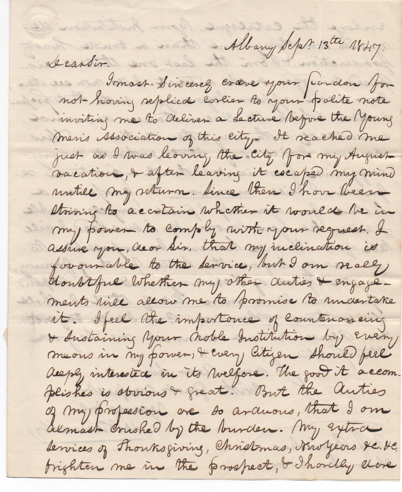 1847 ALS two Page Letter Signed by Lecturer D. Kennedy Albany New York