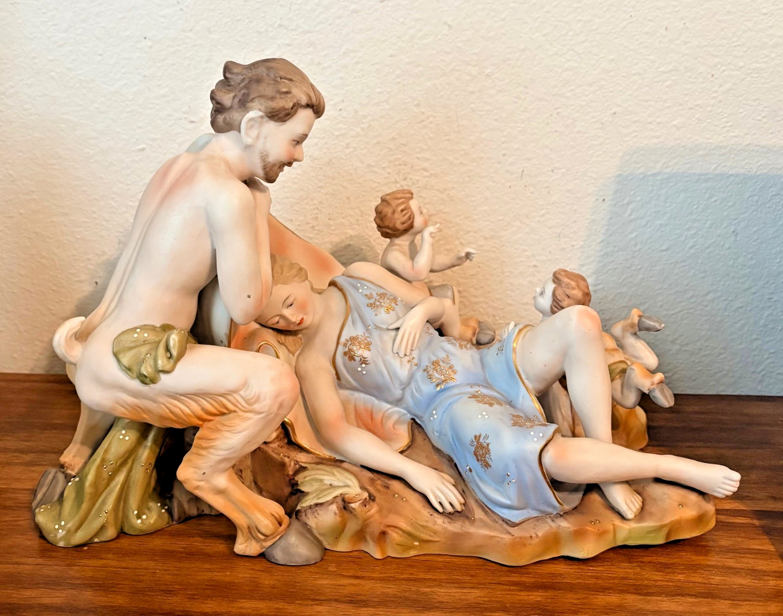 Antique Porcelain Mythological Figural Sculpture,   Satyrs w Maiden Nymph Venus